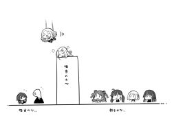  1other 6+girls :3 :d blazer braid chibi closed_eyes closed_mouth flying_sweatdrops gakuen_idolmaster hair_ornament hairclip hanami_saki highres idolmaster jacket juo_sena katsuragi_lilja kaya_rinha long_hair multiple_girls p-head_producer pantyhose parted_bangs pleated_skirt producer_(idolmaster) school_uniform shinosawa_hiro shirakusa_shion simple_background skirt smile swept_bangs translation_request tsukimura_temari twintails two_side_up uccow v-shaped_eyebrows very_long_hair white_background |_| 