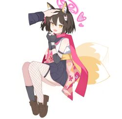  1girl afterimage animal_ear_fluff animal_ears asymmetrical_legwear black_gloves black_hair blue_archive blush brown_hair brown_shoes fang fingerless_gloves fishnet_thighhighs fishnets fox_ears fox_girl fox_tail full_body gloves halo headpat heart highres invisible_chair izuna_(blue_archive) loafers lvbing neckerchief open_mouth partially_fingerless_gloves pink_halo pink_neckerchief pink_scarf pleated_skirt scarf shoes short_hair simple_background single_thighhigh sitting skin_fang skirt smile socks solo_focus tail tail_wagging thigh-highs white_background yellow_eyes 
