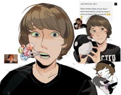  1boy :3 beanie black_pants black_shirt black_shoes black_sleeves blue_eyes blush body_pillow brown_hair candy food food_in_mouth goodfolk2 hat highres hugging_object lollipop lollipop_in_mouth looking_at_viewer mackenzie_(randy_stair) pants parted_bangs pillow randy_stair real_life shirt shoes short_hair stuffed_animal stuffed_toy true_crime whale white_background white_shirt 