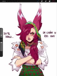  1girl animal_ears blush breasts crossed_arms green_(greeniris) green_skirt hair_over_one_eye highres league_of_legends long_hair long_sleeves red_hair shirt_tucked_in simple_background skirt solo teeth unfinished upper_body xayah_(league) yellow_eyes 