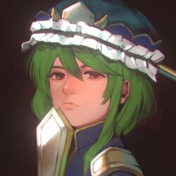  1girl brown_background chimera70551819 closed_mouth commentary_request eyelashes frilled_hat frills green_hair hair_between_eyes hat highres looking_at_viewer painterly portrait red_eyes rod_of_remorse shiki_eiki short_hair solo touhou 