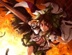  1girl arm_cannon bird_wings black_wings bow brown_hair cape feathers grin hair_bow long_hair midriff navel open_clothes open_shirt outstretched_arms puffy_short_sleeves puffy_sleeves red_eyes reiuji_utsuho shirt short_sleeves skirt smile solo third_eye touhou toutenkou very_long_hair weapon wings 