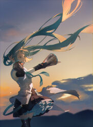  1girl absurdres bare_shoulders black_skirt black_sleeves black_thighhighs blue_eyes blue_hair blue_necktie clouds commentary_request cowboy_shot detached_sleeves evening floating_hair hand_up hatsune_miku hatsune_miku_happy_16th_birthday_-dear_creators- highres long_hair long_sleeves miniskirt mountainous_horizon necktie outdoors outstretched_arm parted_lips petticoat pleated_skirt romaji_commentary shirt skirt sky sleeveless sleeveless_shirt solo songnone sunset thigh-highs twintails very_long_hair vocaloid white_shirt wide_sleeves zettai_ryouiki 