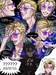  1boy 1girl absurdres black_hair blonde_hair blue_eyes choker coat collar commentary crossed_arms demoncursed_vayne desagreablelol ear_piercing earrings english_commentary glasses gloves hair_between_eyes hand_in_own_hair highres jewelry league_of_legends lips locke_(league) multiple_views piercing pointing purple-tinted_eyewear round_eyewear shirt smile speech_bubble tattoo thought_bubble tinted_eyewear vayne_(league) wolf_cut 