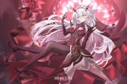  1girl angel_wings artist_name black_dress closed_eyes commission cube dress english_commentary eye_symbol finger_claws floating from_side genshin_impact glowing grey_hair hair_between_eyes hair_intakes hair_ornament high_heels highres leaning_back light_smile long_hair looking_to_the_side mercury_jc red_background red_wings ronova_(genshin_impact) shade solo wings yellow_eyes 