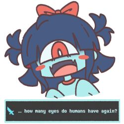  1girl aqua_(deltarune) aqua_dress aqua_skin blue_hair blush_stickers bow chibi colored_skin deltarune dress english_text fangs head_bow one-eyed red_bow red_eyes shaded_face short_twintails simple_background skyjacc sleeves_past_fingers sleeves_past_wrists solo twintails utdr_(toby_fox) video_game_dialogue_box white_background 