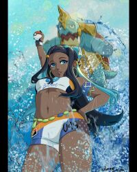  1girl aqua_skin arm_up armlet belly_chain black_hair blue_eyes blue_eyeshadow blue_hair colored_skin crop_top dark-skinned_female dark_skin drednaw earrings eyeshadow fangs gloves hair_bun hand_on_own_hip highres holding holding_poke_ball hoop_earrings horns ialmar_art jewelry long_hair makeup multicolored_hair necklace nessa_(pokemon) poke_ball poke_ball_(basic) pokemon pokemon_sword_and_shield shorts single_glove single_hair_bun single_horn skin_fangs sports_bra sportswear turtle two-tone_hair 