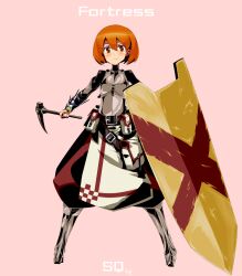  1girl armored_boots belt_buckle belt_pouch black_bodysuit bodysuit boots buckle character_name fortress_(sekaiju) fortress_4_(sekaiju) full_body hair_between_eyes holding holding_pickaxe holding_shield legs_apart looking_at_viewer orange_hair pants pickaxe pink_background pouch red_pants sekaiju_no_meikyuu sekaiju_no_meikyuu_4 shield short_hair simple_background solo standing takamine_nadare tower_shield 
