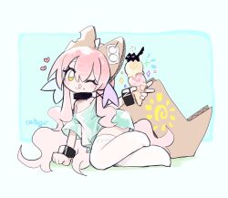  1girl :q ;q animal_ears aqua_shirt arm_support blush ceroro collar food full_body heart holding holding_food holding_ice_cream ice_cream ice_cream_cone long_hair looking_at_viewer off_shoulder one_eye_closed original pink_hair shirt short_sleeves smile solo sparkle thigh-highs tongue tongue_out very_long_hair white_thighhighs yellow_eyes 