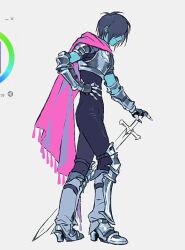  1other androgynous armor armored_boots art_program_in_frame art_tools_in_frame black_bodysuit blue_hair blue_skin bodysuit boots breastplate cape color_wheel colored_skin commentary delta_rune_(symbol) deltarune full_body gauntlets greaves hair_between_eyes hand_on_own_hip holding holding_sword holding_weapon kris_(dark_world)_(deltarune) kris_(deltarune) looking_down other_focus partially_colored pink_cape short_hair shoulder_armor simple_background sword utdr_(toby_fox) weapon white_background yanchun607 
