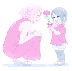  2girls aged_down black_eyes black_hair black_sandals black_thighhighs boruto:_naruto_next_generations boruto_(series) bracelet child closed_eyes commentary_request dress flower grin hair_bun haruno_sakura holding holding_flower jewelry long_dress mother_and_child mother_and_daughter multiple_girls naruto_(series) okamine_yuiko open-toe_shoes parent_and_child pink_hair red_dress sandals short_hair single_hair_bun smile thigh-highs uchiha_sarada 