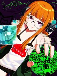  absurdres black_shorts bomb currychi explosive fur_trim glasses glint glitch headphones highres long_hair orange_hair persona persona_5 purple_background sakura_futaba shorts tongue tongue_out ufo violet_eyes 