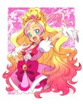  1girl :d aqua_eyes arm_up blonde_hair bow brooch character_name cure_flora gloves go!_princess_precure gradient_hair haruno_haruka jewelry katsuma_rei long_hair magical_girl multicolored_hair open_mouth pink_background pink_hair pink_skirt precure skirt smile solo streaked_hair two-tone_hair 