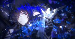  1girl absurdres black_dress black_gloves blue_flower bug butterfly closed_mouth commentary diamond-shaped_pupils diamond_(shape) dress dress_flower earrings english_commentary floomf flower gloves glowing_butterfly highres himalayan_poppy_(flower) hololive hololive_english jewelry meconopsis_(ninomae_ina'nis) mole mole_under_eye ninomae_ina'nis pointy_ears short_hair solo symbol-shaped_pupils upper_body violet_eyes virtual_youtuber 