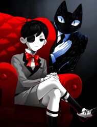  2boys absurdres alt_text animal_ears antenna_hair armchair black_eyes black_necktie black_socks black_suit bow bowtie butler_(omori) cat_boy cat_ears chair closed_mouth collared_shirt colored_skin commentary cosplay_request crossed_legs double-parted_bangs english_commentary expressionless eyepatch furry furry_male gloves grey_shorts hair_between_eyes highres kuroshitsuji looking_at_viewer male_focus multiple_boys necktie omori omori_(omori) red_bow red_bowtie ryuichirouart shirt shoes short_hair shorts sitting socks suit white_gloves white_shirt white_shoes white_skin 