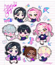  3boys 3girls alien_stage black_bow black_eyes black_hair blazer blonde_hair blue_jacket bow brown_hair chiikadayo claw_hair_clip copyright_name dark-skinned_female dark_skin diagonal-striped_bow english_text food-themed_hair_ornament glasses green_eyes green_hoodie grey_eyes grey_hair hair_ornament hairband hairclip heart heart-shaped_pupils heart_hair_ornament heart_hands heart_hands_duo hood hoodie hyuna_(alien_stage) ivan_(alien_stage) jacket letter long_hair luka_(alien_stage) mizi_(alien_stage) multiple_boys multiple_girls necktie notebook_paper peach_hair_ornament pink_bow pink_hair ponytail school_uniform shirt shooting_star short_hair short_ponytail signature star_(symbol) star_hair_ornament striped_bow sua_(alien_stage) symbol-shaped_pupils till_(alien_stage) twintails umbrella very_short_hair violet_eyes white_hairband white_shirt 