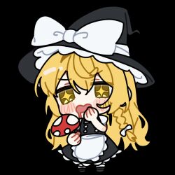  1girl animated animated_gif apron black_hat black_skirt black_vest blinking blonde_hair blush bow braid chibi chibi_only commentary_request drooling hair_bow hat hat_bow heart highres hinohari_(user_wzxk7585) holding holding_mushroom kirisame_marisa long_hair looping_animation mouth_drool mushroom side_braid simple_background single_braid skirt solo touhou transparent_background very_long_hair vest waist_apron white_apron white_bow witch_hat yellow_eyes 