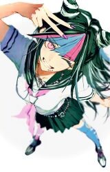  1girl absurdres black_hair danganronpa_(series) danganronpa_2:_goodbye_despair full_body grin hair_horns highres jewelry looking_at_viewer magimagi_256 mioda_ibuki multicolored_hair necklace pink_ribbon pleated_skirt ribbon school_uniform shoes skirt smile socks white_background 