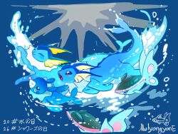  2026 absurdres blue_background blue_eyes commentary_request fang finneon fins highres mulyongyone no_humans pink_eyes pokemon pokemon_(creature) pokemon_focus popplio swimming underwater vaporeon water 