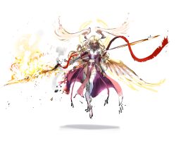  1girl artist_request bad_id bad_pixiv_id black_eyes blonde_hair closed_mouth cross dress feathered_wings fire flaming_weapon floating floating_hair full_body halo halo_behind_head head_wings high_priest_(ragnarok_online) highres holding holding_polearm holding_weapon juliet_sleeves long_hair long_sleeves looking_at_viewer pink_dress polearm puffy_sleeves ragnarok_online sash shoes simple_background solo spear thigh-highs two-tone_dress weapon white_background white_dress white_sash white_shoes white_thighhighs white_wings wings yellow_halo 