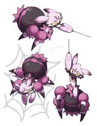  black_eyes black_fur bug colored_sclera hanging highres multicolored_hair palworld pink_fur silk spider spider_web tarantriss two-tone_hair yellow_sclera 