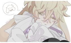  1boy 24n_sage alien_stage animal_ears closed_mouth colored_eyelashes commentary floppy_ears highres luka_(alien_stage) male_focus one_eye_closed rabbit_boy rabbit_ears shirt signature solo tongue tongue_out untranslatable_commentary white_background white_shirt yellow_eyes 
