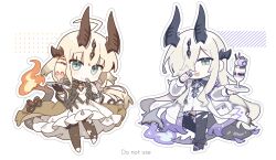  2girls absurdres ahoge arknights black_gloves blonde_hair blush bodystocking bracelet chibi chibi_only dragon_girl dragon_horns dragon_tail dress fang fire flame-tipped_tail food gloves green_eyes hair_over_one_eye highres holding holding_food holding_spoon holding_tray horns infection_monitor_(arknights) isikishoku_akn jacket jewelry long_hair looking_at_viewer multiple_girls necrass_(arknights) official_alternate_costume one_eye_covered open_clothes open_jacket open_mouth outline parfait reed_(arknights) reed_the_flame_shadow_(arknights) single_glove smile spoon sticker_(medium) tail tray very_long_hair white_dress white_jacket white_outline 