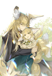  2girls :d animal_ear_fluff animal_ears arknights black_jacket blonde_hair bloom carrying carrying_person closed_mouth coat coat_on_shoulders day flower green_skirt hair_between_eyes hair_over_one_eye highres jacket kasumi_yuzuha lace-trimmed_skirt lace_trim lens_flare long_hair long_sleeves looking_at_another mother_and_child mother_and_daughter multicolored_hair multiple_girls multiple_tails official_alternate_costume open_mouth parent_and_child ribbon-trimmed_skirt ribbon_trim scar scar_on_cheek scar_on_face skirt smile streaked_hair sunlight suzuran_(arknights) suzuran_(spring_praise)_(arknights) tail vulpisfoglia_(arknights) white_flower white_streaks white_tail yellow_eyes yellow_tail 