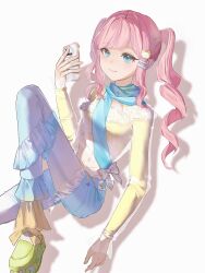  1girl belt blue_eyes blue_pants blue_scarf bow cat_hair_ornament cellphone character_hair_ornament closed_mouth dot_nose eyelashes foot_out_of_frame footwear_bow frilled_pants frilled_sleeves frills green_shoes hair_ornament hair_tie hairclip happy highres holding holding_phone infinity_nikki knee_up lace-trimmed_shirt lace_trim light_blush lips long_hair long_sleeves looking_at_viewer momo_(nikki) nikki_(series) off-shoulder_shirt off_shoulder pants parallel_hairclips phone pink_hair pink_lips platform_shoes scarf see-through_clothes see-through_pants shadow shirt shoes sidelocks simple_background sitting sleeves_past_wrists smartphone smile sneakers socks solo star_(symbol) stylist_(nikki) swept_bangs twintails wavy_hair white_background white_belt white_bow white_socks yellow_bow yellow_shirt zhixu_(8331862402) 