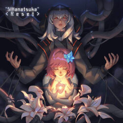  2girls android black_jacket black_shirt blue_flower bound cable closed_mouth cytus cytus_ii flower hair_flower hair_ornament heart_(organ) hood hood_up hooded_jacket ivy_(cytus) jacket long_hair metal_skin multiple_girls official_art parted_lips peterskore pink_hair red_eyes shirt skin_seams smile vanessa_(cytus) white_flower white_hair 