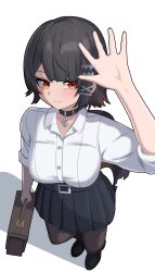  1girl absurdres arm_up black_hair blush breasts briefcase choker closed_mouth colored_inner_hair commentary_request cosmetic_koucha ellen_joe ellen_joe_(on_campus) fins fish_tail from_above full_body hair_ornament highres holding holding_briefcase large_breasts mole mole_under_eye multicolored_hair official_alternate_costume pantyhose razor_blade_hair_ornament red_eyes red_hair shadow shark_girl shark_tail shirt short_hair simple_background skirt solo tail white_background white_shirt zenless_zone_zero 