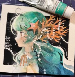  1girl absurdres aqua_hair art_tools_in_frame border choker closed_mouth commentary coral_hair_ornament dated expressionless frilled_choker frills from_side hair_intakes hair_ornament highres inktober komako_(km7ko) long_hair orange_eyes orange_ribbon original outside_border paint_tube painting_(medium) pearl_hair_ornament photo_(medium) portrait profile ribbon ribbon_choker signature solo starfish_hair_ornament traditional_media watercolor_(medium) wavy_hair white_border 