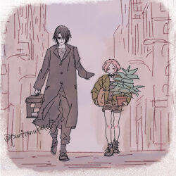  1boy 1girl alternate_hairstyle amputee bag black_boots black_coat black_hair black_pants boots boruto:_naruto_next_generations boruto_(series) box brown_shoes closed_eyes coat flower_pot hair_over_one_eye haruno_sakura holding holding_bag holding_box holding_flower_pot leon_the_professional naruto_(classic) naruto_(series) okamine_yuiko pants parody pink_hair shoes short_hair short_shorts shorts sunglasses time_paradox twitter_username uchiha_sasuke 