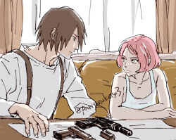  1boy 1girl aged_down alternate_hairstyle black_hair boruto:_naruto_next_generations boruto_(series) commentary_request couch curtains green_eyes gun handgun haruno_sakura leon_the_professional naruto_(classic) naruto_(series) okamine_yuiko parody pink_hair shirt short_hair suspenders table tank_top time_paradox twitter_username uchiha_sasuke weapon white_shirt white_tank_top 