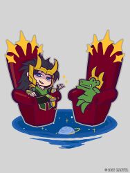  1boy alligator alligator_loki black_hair chibi commentary crocodilian crossed_legs english_commentary fake_horns fang highres horned_headwear horns kageyama_hiromi loki_(marvel) marvel marvel_tokon:_fighting_souls official_art on_throne partially_shaded_face planet simple_background sitting smile thor_(marvel)_(series) throne 