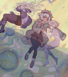  3girls android artist_name barefoot black_boots black_dress black_jacket black_shirt blue_boots blue_flower blue_jacket boots cable camouflage closed_eyes closed_mouth cytus cytus_ii dark-skinned_female dark_skin dress flower from_above grass hair_flower hair_ornament hair_spread_out highres holding_hands hood hood_down hood_up hooded_jacket horned_hood horns ilka_(cytus) ivy_(cytus) jacket knee_boots long_hair looking_at_another lying lying_on_another lying_on_hand medium_hair mismatched_pupils multiple_girls on_back on_ground on_side open_clothes open_jacket pantyhose pink_hair red_eyes red_horns shirt short_hair skin_seams smile vanessa_(cytus) waist_cape white_hair yoo.ie 