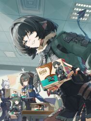  1boy 3girls animal_ears black_choker black_gloves black_hair blue_jacket box cardboard_box cat_boy cat_ears choker commentary_request cup fingerless_gloves fur_trim gloves green_hair grey_hair highres holding holding_box holding_cup indoors jacket jane_doe_(zenless_zone_zero) long_hair long_sleeves looking_at_viewer meiji_(brand) mouse_ears mouse_girl mouse_tail multiple_girls nail_polish necktie notched_ear ponytail promotional_art qingyi_(zenless_zone_zero) red_hair red_nails seth_lowell suitchi_(gn4othi61) tail twintails zenless_zone_zero zhu_yuan 