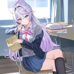  1girl ahoge black_socks blazer blue_eyes blue_nails blue_skirt book bow bowtie buttons cardigan chair cherng classroom crossed_legs curtains elia_stellaria gradient_eyes gradient_hair grey_cardigan hand_on_own_cheek hand_on_own_face holding holding_book holding_pen indie_virtual_youtuber jacket kneehighs mechanical_pencil miniskirt multicolored_eyes multicolored_hair open_clothes partially_unbuttoned pen pencil pencil_case pink_bow pink_bowtie pink_eyes pointy_ears ponytail purple_hair school_uniform shirt sitting skirt smile socks solo table virtual_youtuber white_hair white_shirt window 