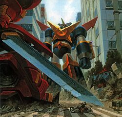  building burning burning_vehicle choukou_senki_kikaiou crosswalk dixen dust_cloud from_below helmet holding holding_sword holding_weapon huge_weapon imminent_fight kikaioh lamppost mariou_shogun_gourai mecha motor_vehicle motorcycle motorcycle_helmet official_art on_motorcycle overcast riding riding_motorcycle robot rubble sensei_haruki_suetsugu sky skyscraper super_robot sword third-party_source tree weapon 