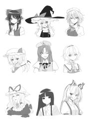  6+girls alice_margatroid ascot beret bow bowtie braid choker collared_shirt commentary_request crystal crystal_wings detached_sleeves dress flandre_scarlet frilled_bow frilled_hair_tubes frilled_shirt_collar frills fujiwara_no_mokou greyscale hair_bow hair_tubes hairband hakurei_reimu harimoto_09 hat hat_bow hat_ornament hat_ribbon highres hong_meiling houraisan_kaguya izayoi_sakuya kirisame_marisa long_hair looking_at_viewer maid_headdress mob_cap monochrome multiple_girls one_eye_closed puffy_short_sleeves puffy_sleeves ribbon ribbon-trimmed_sleeves ribbon_choker ribbon_trim shirt short_sleeves side_braid single_braid star_(symbol) star_hat_ornament suspenders touhou twin_braids vest wings witch_hat yakumo_yukari 