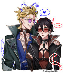  ... 1boy 1girl absurdres black_hair black_lips blonde_hair choker coat collar demoncursed_vayne desagreablelol ear_piercing earrings fang fingerless_gloves glasses gloves hair_between_eyes heart highres holding holding_leash jacket jewelry league_of_legends leash lips looking_at_viewer piercing purple-tinted_eyewear red-tinted_eyewear red_eyes round_eyewear shirt signature simple_background speech_bubble spoken_heart tattoo tinted_eyewear vayne_(league) wolf_cut 
