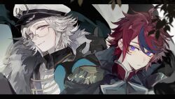  2boys absurdres ahoge alternate_eye_color aotsuki_eito black_gloves black_hair blue_eyes closed_mouth epaulettes expressionless fur_trim glasses gloves hand_up hat highres kukirpg_457 leaf letterboxed male_focus multicolored_hair multiple_boys nose_pads official_alternate_costume outside_border pink_eyes red_hair semi-rimless_eyewear shirt short_hair smile streaked_hair sumino_takumi the_hundred_line_-last_defense_academy- two-tone_hair white_hair white_hat white_shirt 