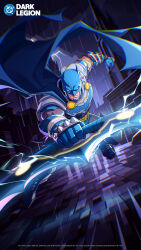  batman batman_(series) batman_knightfight batman_symbol belt blue_mask bodysuit bruce_wayne cape commentary copyright_name cowl dc:_dark_legion dc_comics english_commentary gloves grey_bodysuit highres knightfight logo male_focus mask multicolored_bodysuit muscular muscular_male official_art pants superhero_costume taut_bodysuit taut_clothes two-tone_bodysuit utility_belt western_comics_(style) 