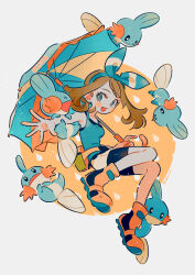  1girl :d bag bike_shorts bike_shorts_under_shorts blue_hairband blue_shirt blush bow_hairband brown_hair commentary_request eyelashes fanny_pack grey_eyes hairband highres holding holding_umbrella may_(pokemon) mudkip official_alternate_color oharu-chan open_mouth orange_shoes pokemon pokemon_(creature) pokemon_masters_ex shirt shoes shorts sleeveless sleeveless_shirt smile spread_fingers umbrella white_shorts yellow_bag 