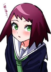  1girl :o alternate_costume black_shirt blush green_eyes green_necktie highres looking_at_viewer mega_man_(series) mega_man_star_force_(series) necktie nemuru_22 open_mouth red_eyes sailor_collar school_uniform shirt solo sonia_strumm_(mega_man) translation_request upper_body white_background white_sailor_collar 