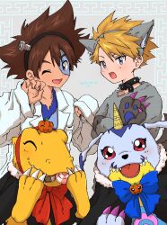  2boys :d ;d agumon animal_collar animal_costume animal_ears animal_hands black_collar black_gloves black_hairband blonde_hair blue_eyes blue_shirt brown_eyes brown_hair child coat collar commentary_request digimon digimon_(creature) facepaint fake_animal_ears feng_(feng_efu) frankenstein's_monster_costume fur_shirt gabumon gloves grey_shirt hairband halloween_costume highres ishida_yamato lab_coat looking_at_viewer male_focus multiple_boys object_through_head one_eye_closed open_clothes open_coat open_mouth paw_gloves screw_in_head shirt short_hair smile stitched_face stitches torn_clothes torn_shirt white_coat wolf_costume wolf_ears yagami_taichi 