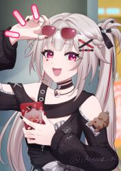 1girl artist_name bare_shoulders black_nails black_shirt braid breasts cellphone chicori-ta-ta-ta choker commentary_request diamond_(shape) diamond_facial_mark diamond_on_cheek facial_mark hair_ornament hair_ribbon hairclip heart heart_facial_mark highres honkai:_star_rail honkai_(series) jewelry long_hair long_sleeves mark_under_both_eyes multicolored_hair multicolored_nails necklace official_alternate_costume phone pink_eyes red_nails ribbon ring shirt small_breasts smartphone smile sparkle_(honkai:_star_rail) sparxie_(candy-coated_waves)_(honkai:_star_rail) sparxie_(honkai:_star_rail) stuffed_animal stuffed_toy teddy_bear twintails very_long_hair white_hair 