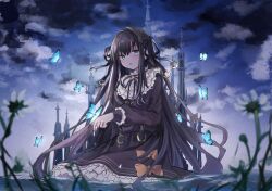  1girl arcaea bib_collar black_dress black_hair black_ribbon blue_butterfly blue_eyes bow bug butterfly butterfly_on_hand castle clouds commentary_request dress dress_bow frilled_dress frills gothic_lolita hair_ornament hair_ribbon highres lolita_fashion long_hair long_sleeves looking_at_viewer neck_ribbon ribbon ring_hair_ornament rosali_e sitting sky solo tairitsu_(arcaea) tairitsu_(axium)_(arcaea) water 