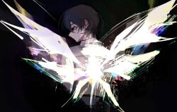 1boy black_background black_eyes black_hair closed_mouth collared_shirt commentary crystal_wings from_behind highres limbus_company long_sleeves male_focus neh_neng_neh pants profile project_moon shirt short_hair solo upper_body white_shirt wings yi_sang_(project_moon) 