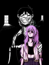  animated animated_gif aubrey_(omori) bags_under_eyes black_background black_hair body_horror door evil_grin evil_smile grin hand_on_another's_shoulder highres horror_(theme) long_neck midriff oldfapsan omori pink_hair saliva smile sunny_(omori) 